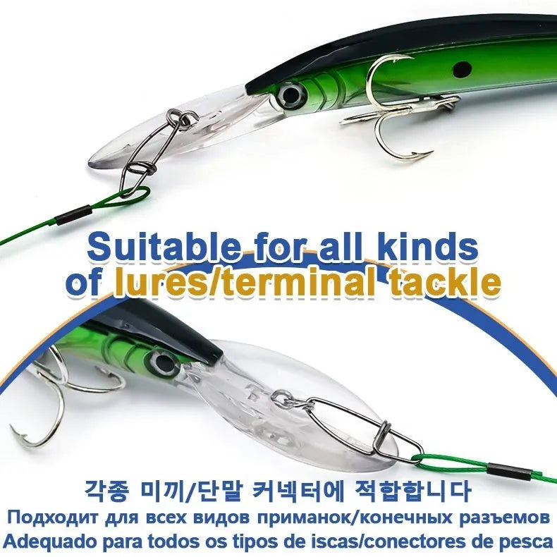 Ten 54cm long steel wire double buckle fishing pins in green, black, and red colours.
