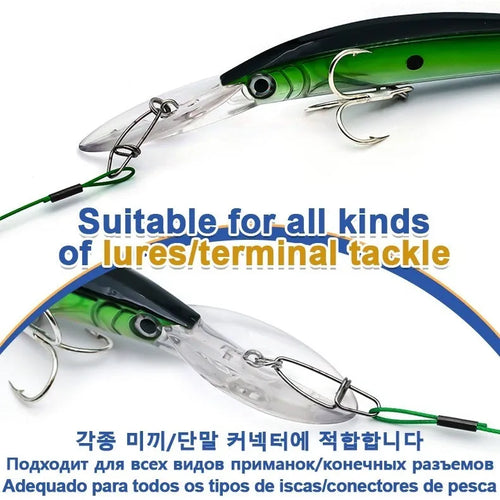 Set of ten green anti-bite steel wire fishing leaders with double buckle pins, each 54cm long.
