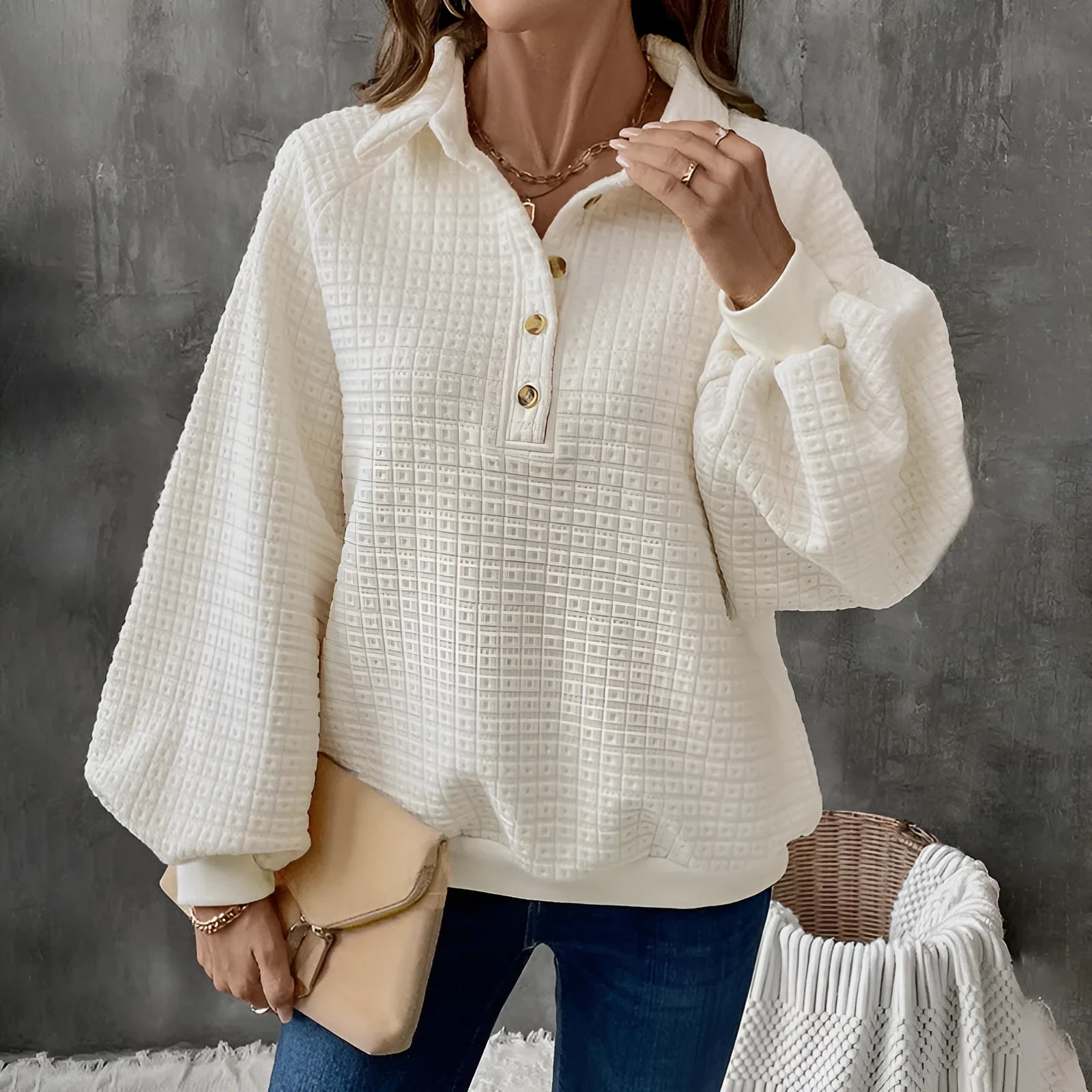 Women's milky white beige polo collar sweater with long sleeves, made from thickened polyester.