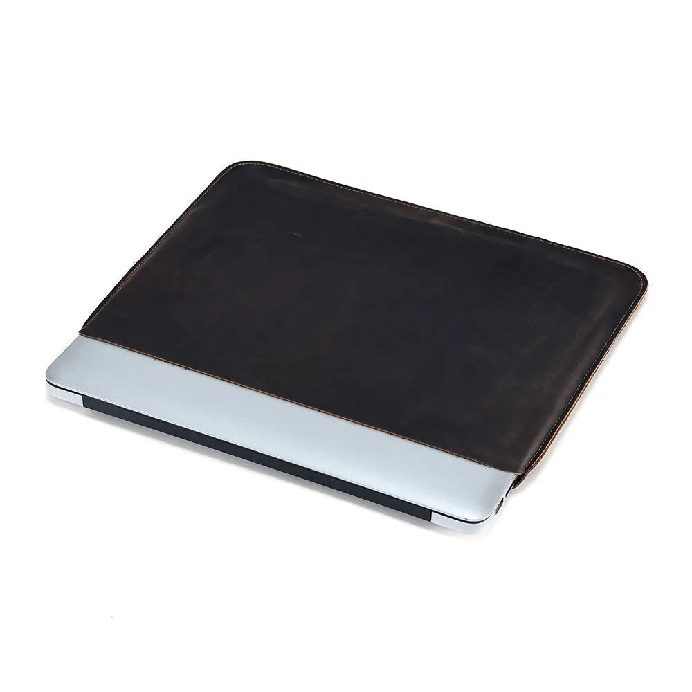 Brown genuine leather computer bag with horizontal liner design for organised storage