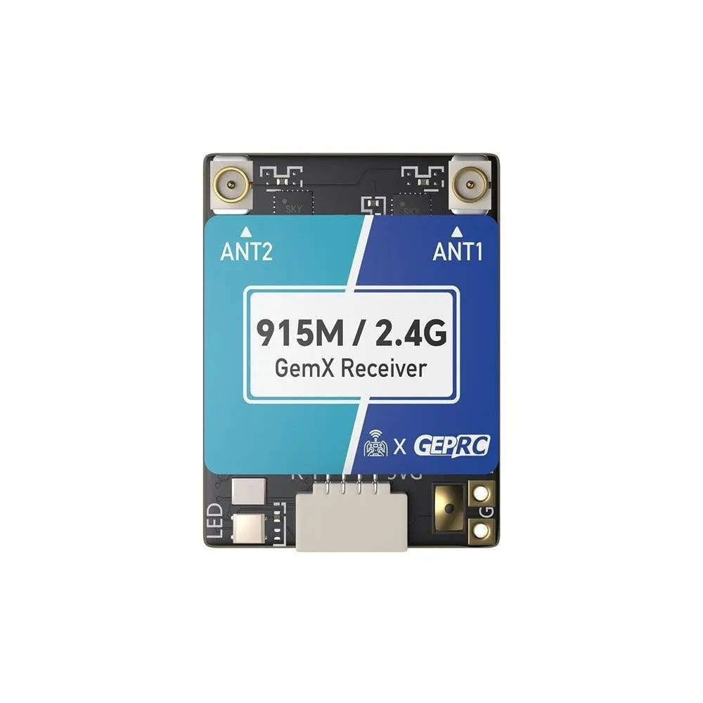 ELRS dual-frequency Gemini receiver with metal case and two T-shaped antennas.