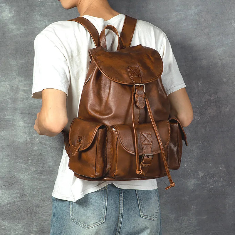 Genuine leather retro backpack with geometric pattern, 15 inch size, light brown or black, casual soft leather bag for hiking and travel.