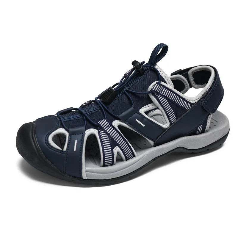 Men's blue summer casual sports shoes with Velcro strap and mesh upper on a rubber sole.