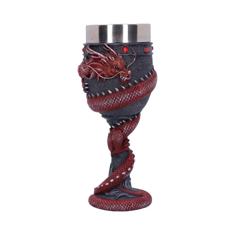 Red wine glass with 3D Chinese dragon stainless steel design in gold colour, 200ml capacity