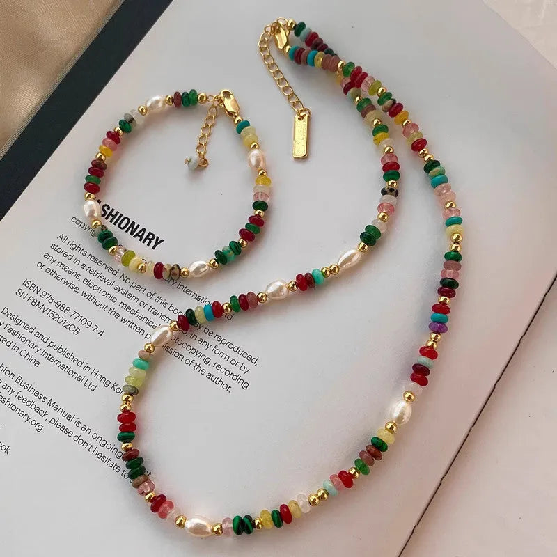 Mixed material dopamine beaded necklace and bracelet set with natural stone, freshwater pearl, glass, resin beads, and mother of pearl pendant