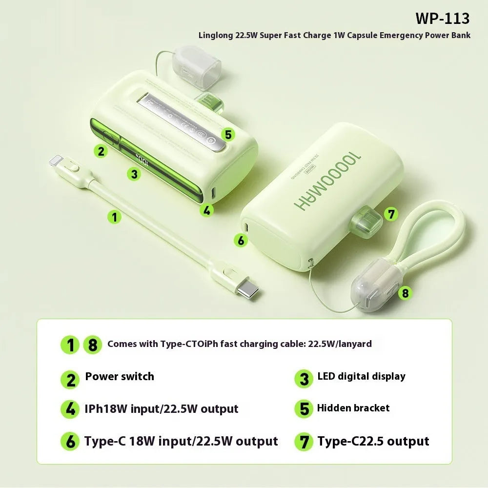Portable mini capsule power bank in beige with 10000 mAh capacity and compact design