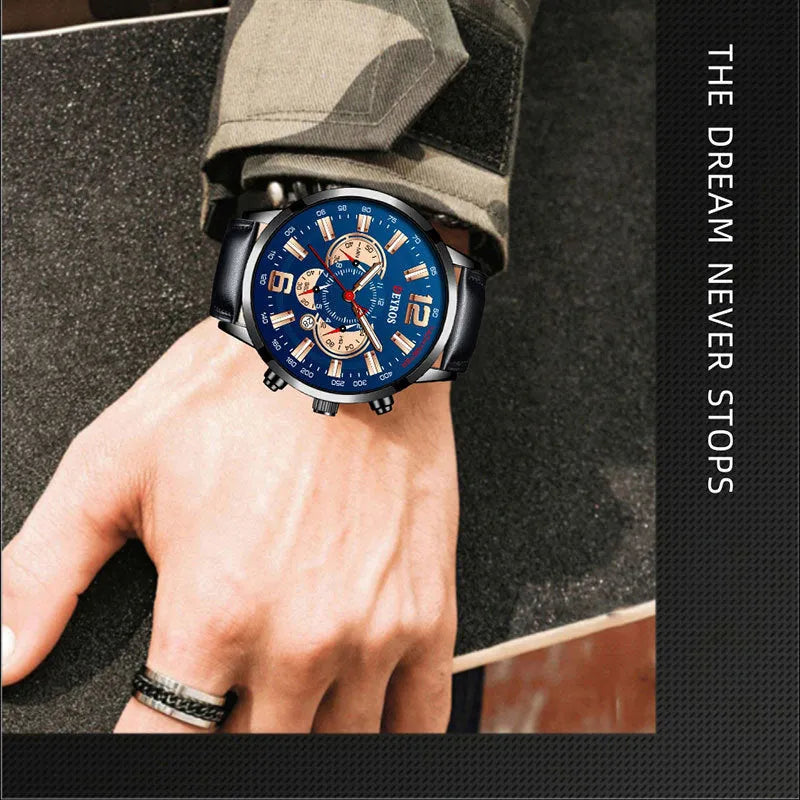 Men's luminous three eye sports watch with 9mm case and black or blue ribbon strap