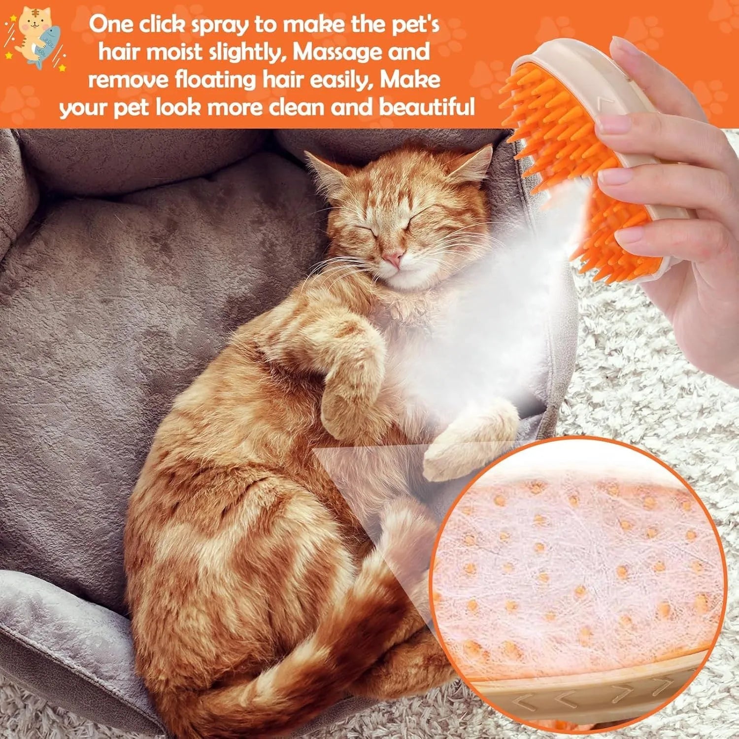 Yellow 4-in-1 cat steam brush with water spray, vibration massage and ringworm detector for pet grooming