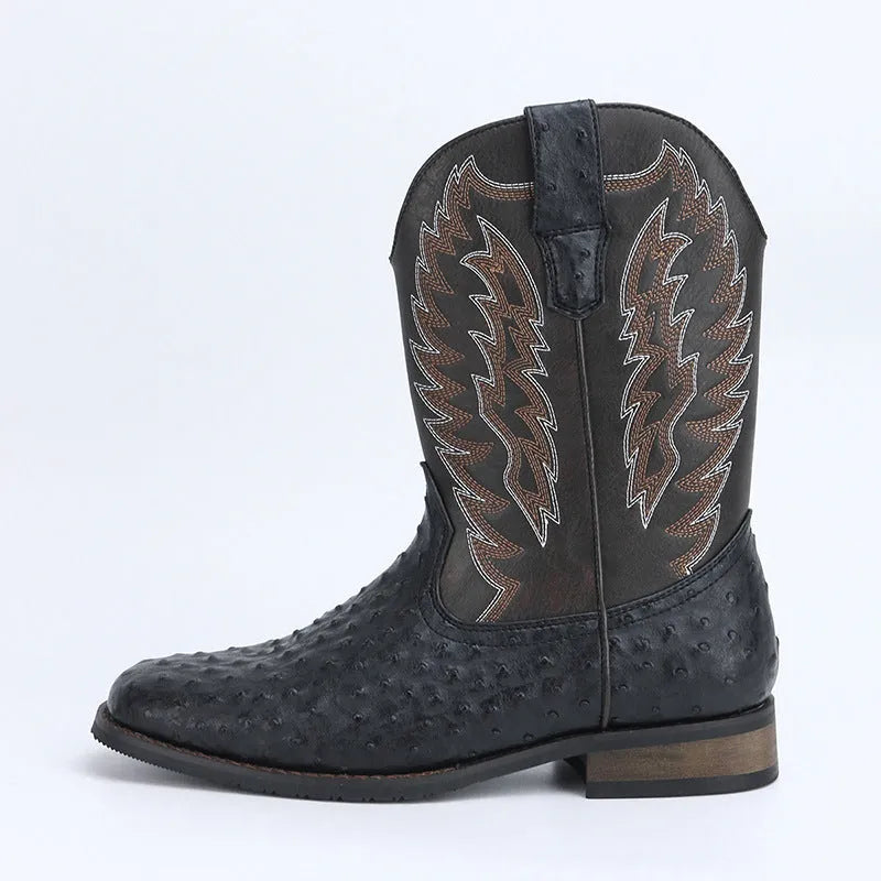 Men's black square toe western motorcycle boots with a low wedge heel and mid-calf height.