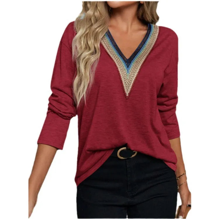 Lace spliced V-neck long sleeve top, mid-length polyester blouse in green, brick red, black or khaki