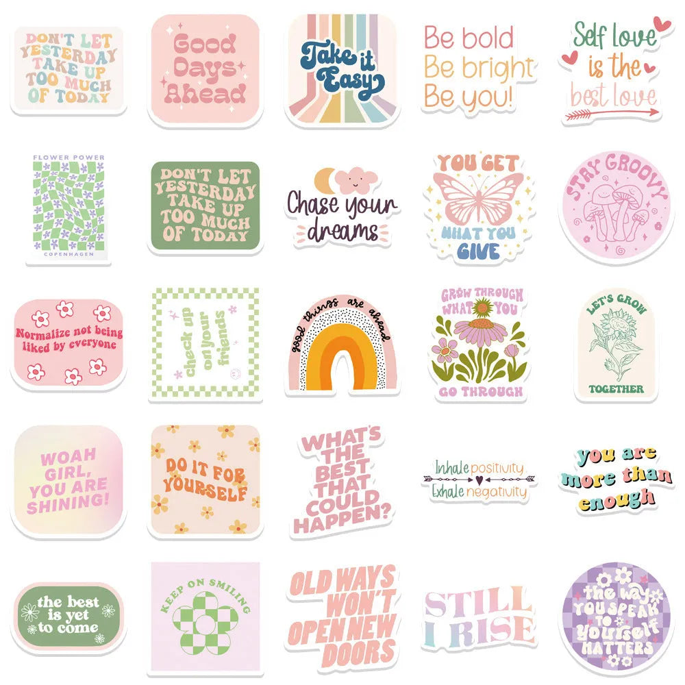 Danish pink motivational statement stickers, self-adhesive, 4-6cm, 50 pack for laptops, guitars, luggage and trolley cases.