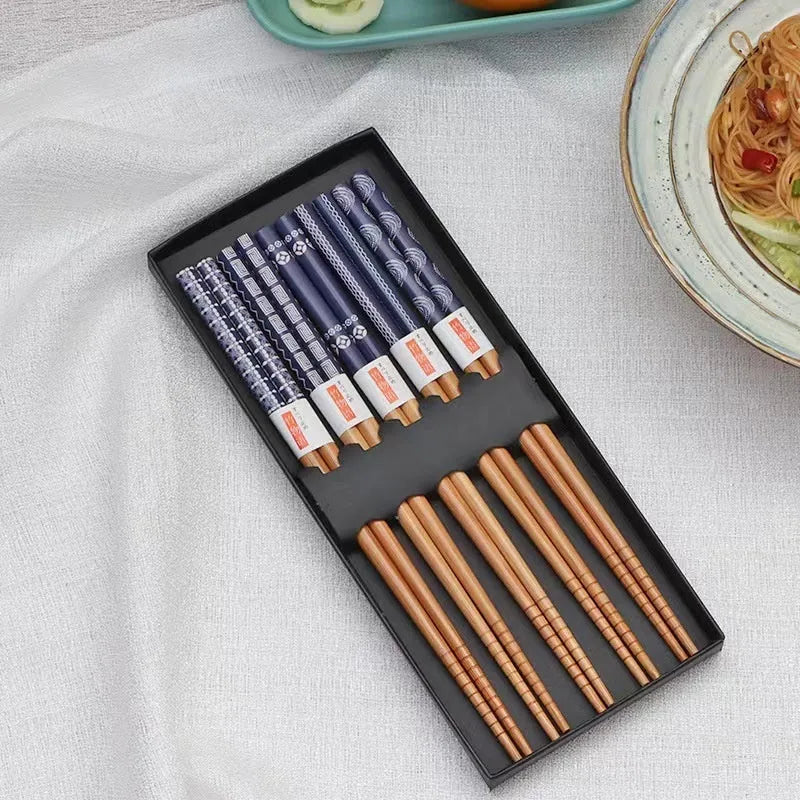Five pairs of bamboo chopsticks with Japanese cartoon patterns in lucky cat or pond blue designs
