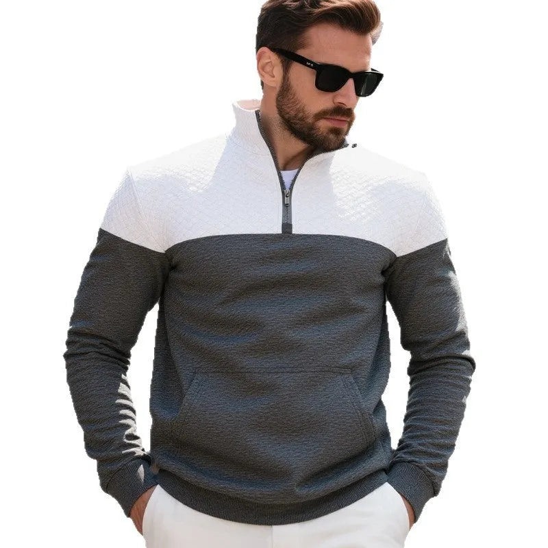 Men's plus size fleece-lined sweater with stand collar and zipper in dark blue, loose fit.