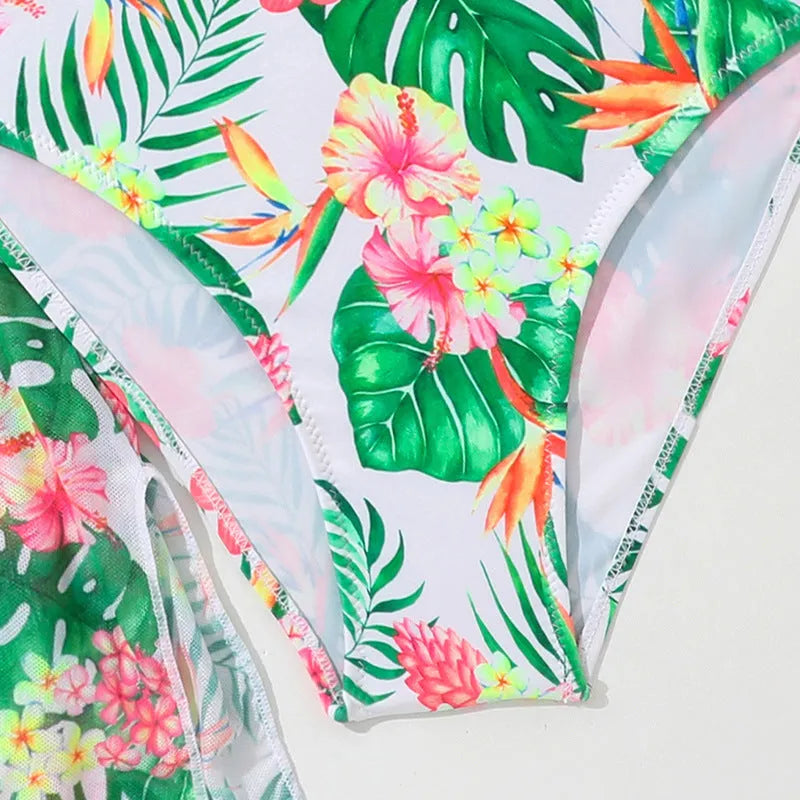 Girls floral print two-piece swimsuit set in high elasticity polyester fabric.