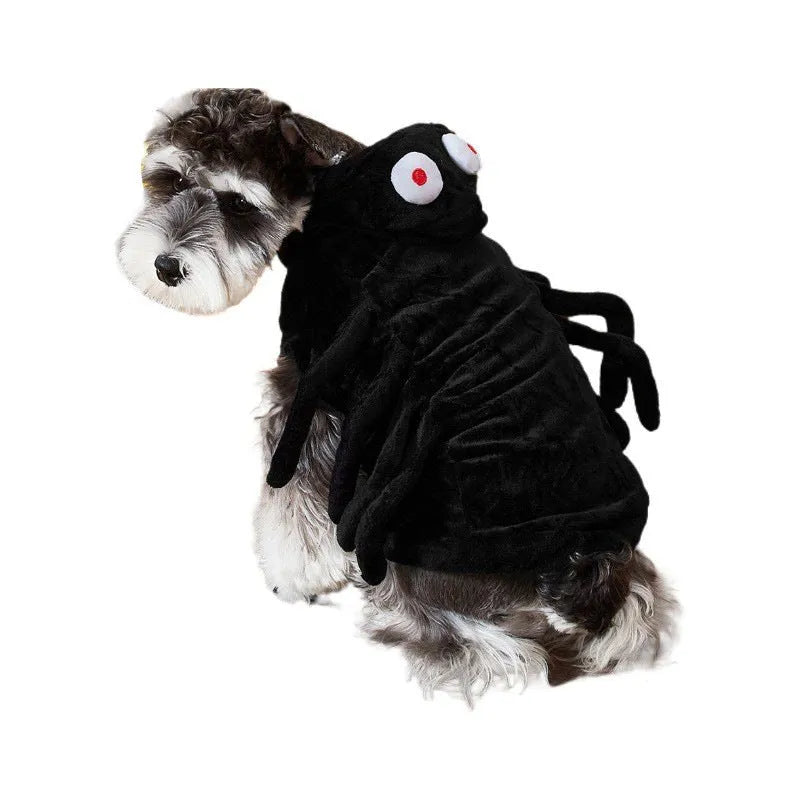 Spider pattern Halloween costume for a dog, shown in size small, medium, or large.