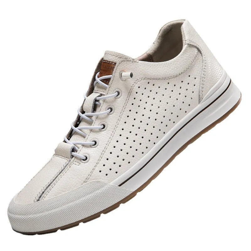 Men's white breathable leather shoes with round toe and flat heel in matte finish