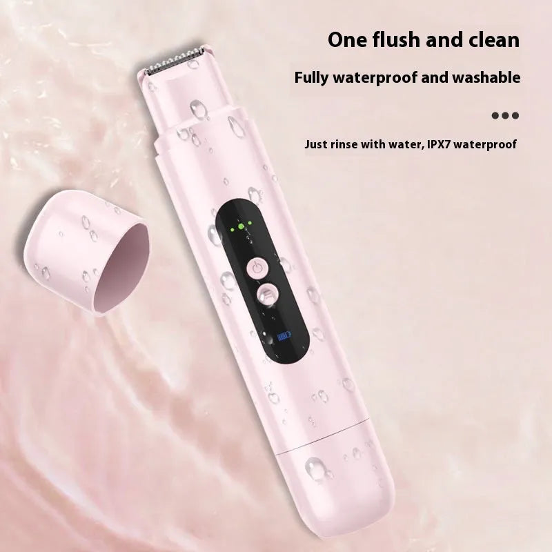 Pink and white portable electric body hair depilator with USB charging cable on a white background.