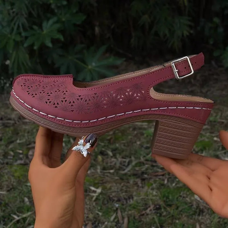 Women's closed toe wedge sandals in black, creamy-white, wine red, blue, or brown colours, showing round toe design and wedge heel