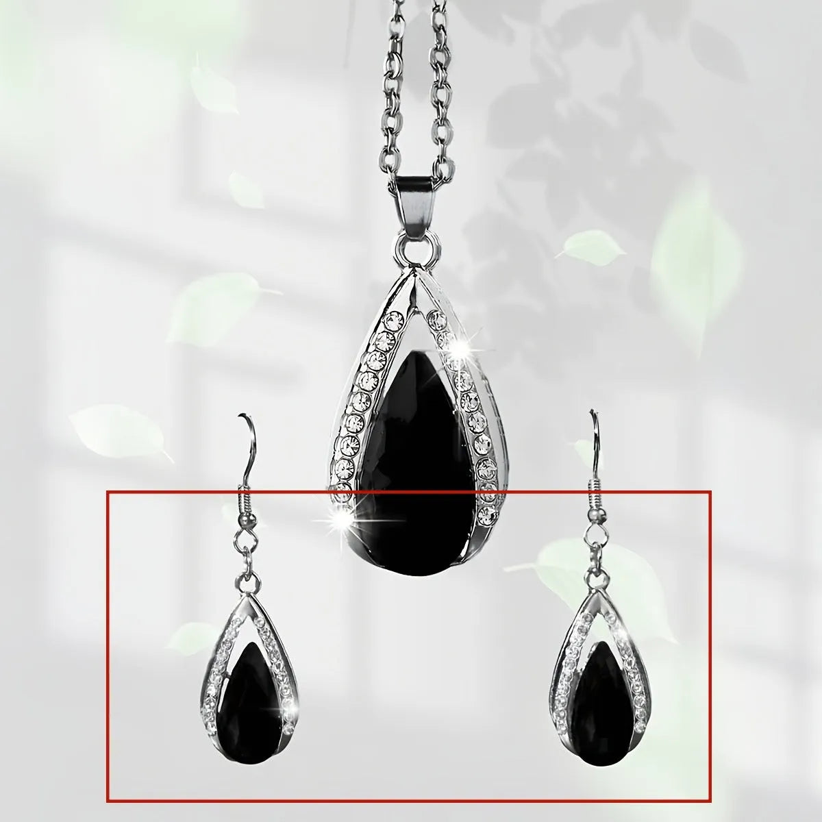 Black and red teardrop glass pendant necklace and earrings jewellery set