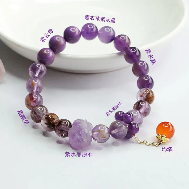 Natural Nine Purple Amethyst and red agate Mori style bracelet on wrist.