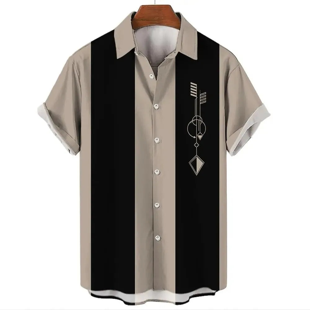 Men's stripe pattern Hawaiian shirt with button-up front and short sleeves in elastic polyester fabric