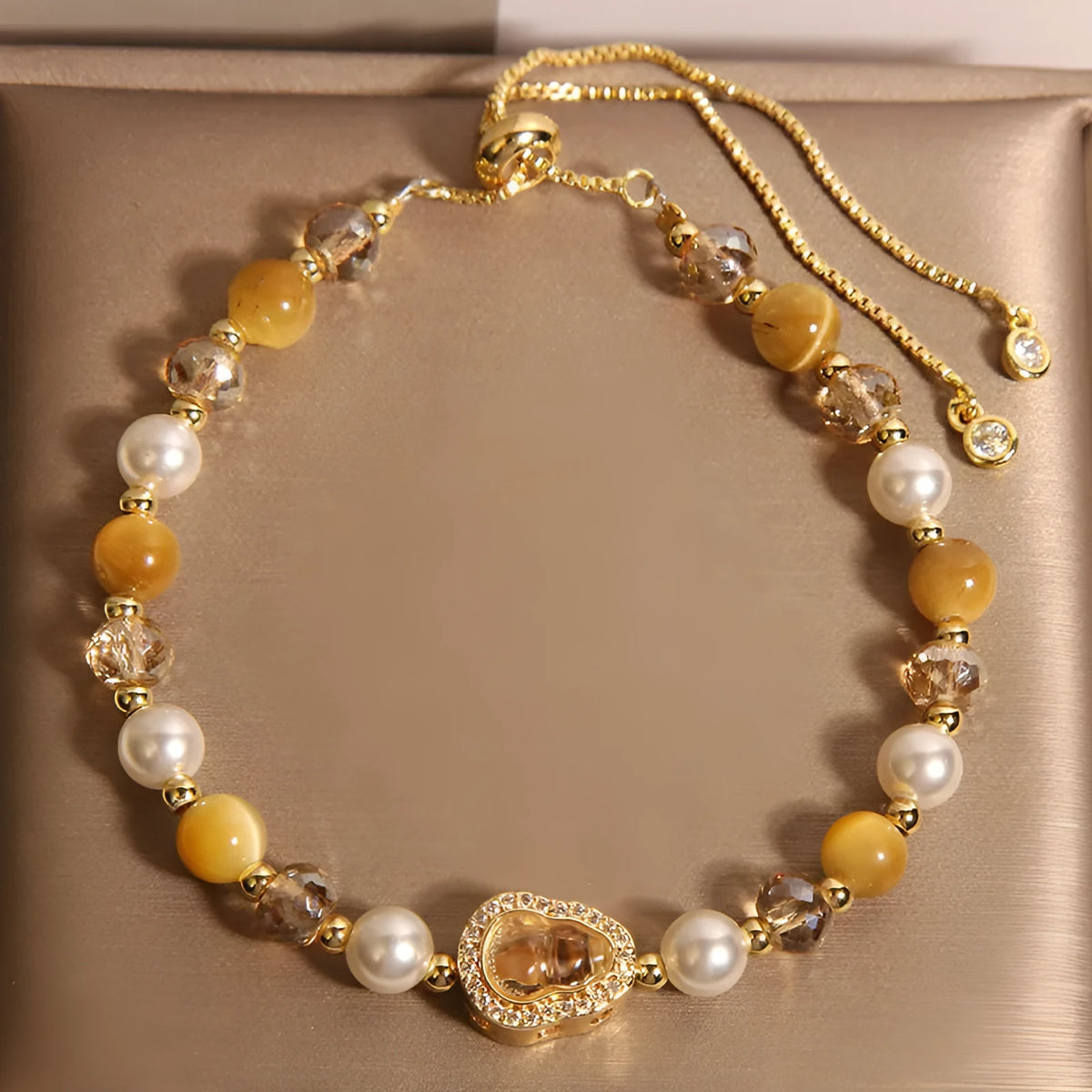 Yellow tiger's eye gourd pendant bracelet for women with glass and alloy inlay, Japanese Korean style, 1 PC.