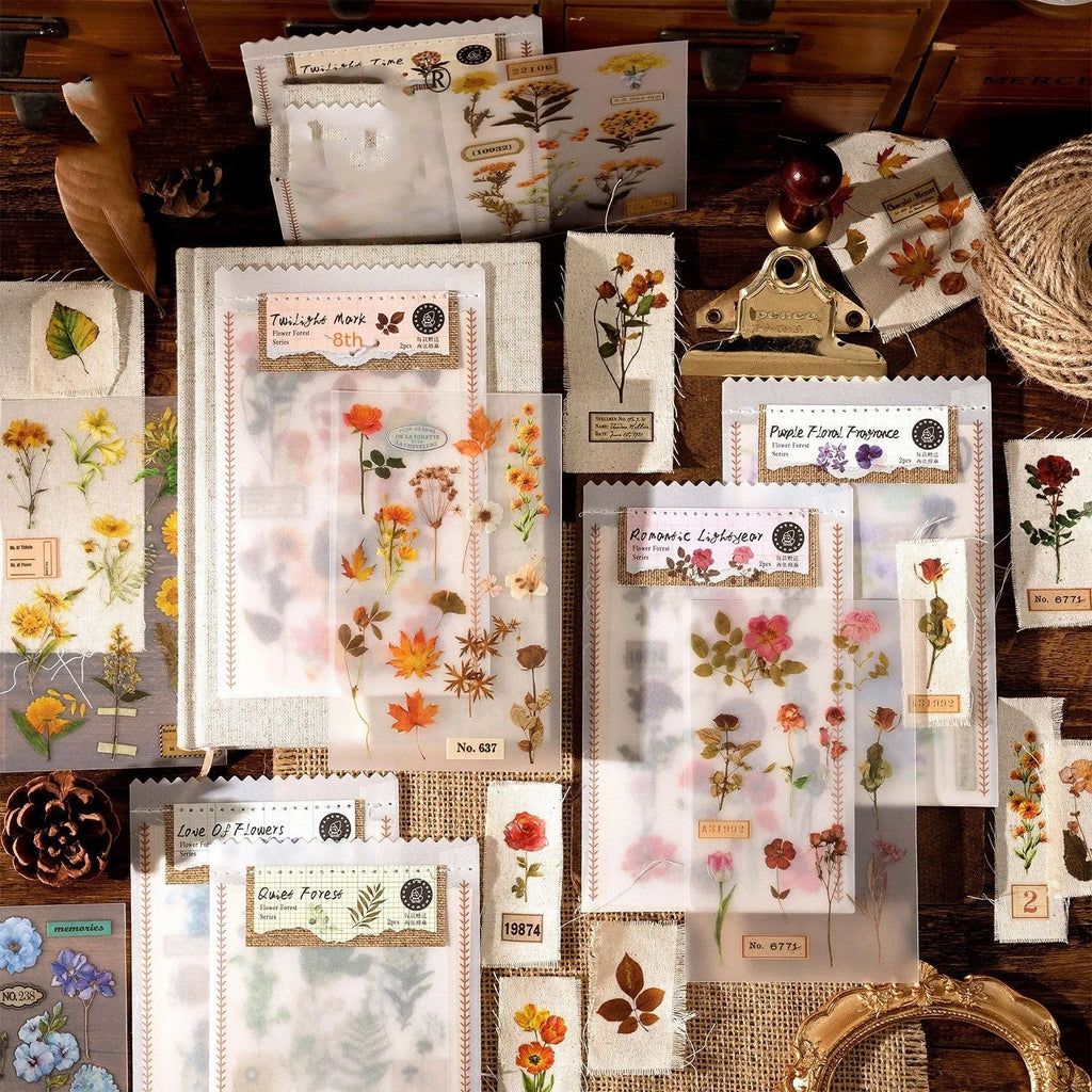 Huazhisen Series art sticker pack showing forest-themed label designs on transfer paper and cotton linen sheets.