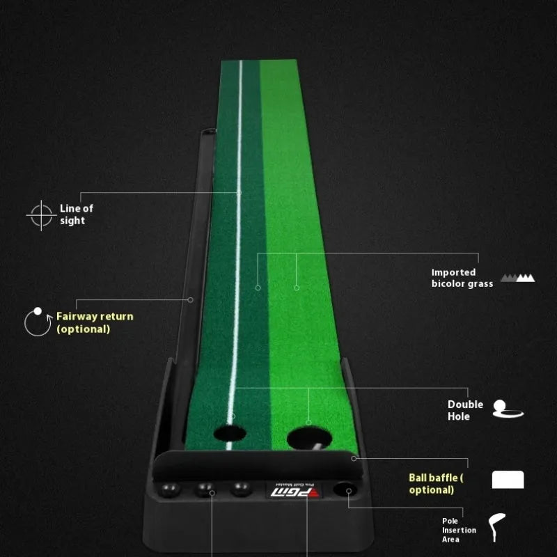 PGM 3m indoor putting mat with baffle, plastic base, and simulated grass surface on a floor