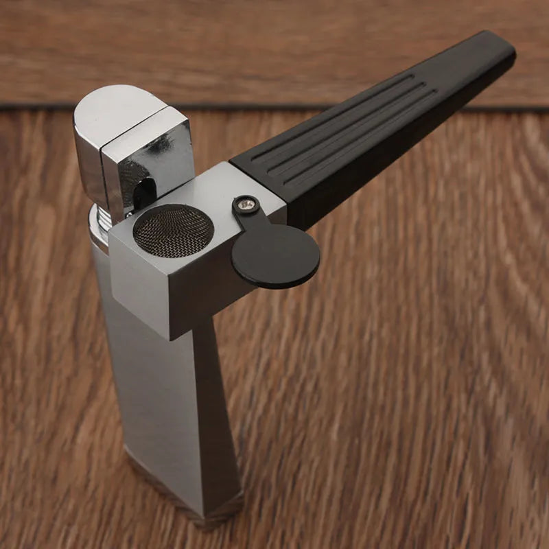 Refillable metal pipe lighter with foldable design showing silver square cover and compact 9.2cm size