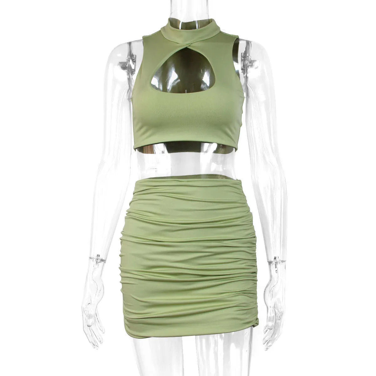 Women's light purple hollow vest and matching split hip skirt two-piece set on a mannequin