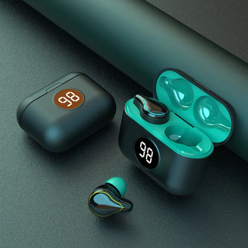 Black and blue in-ear bluetooth stereo headset shown with earplug design