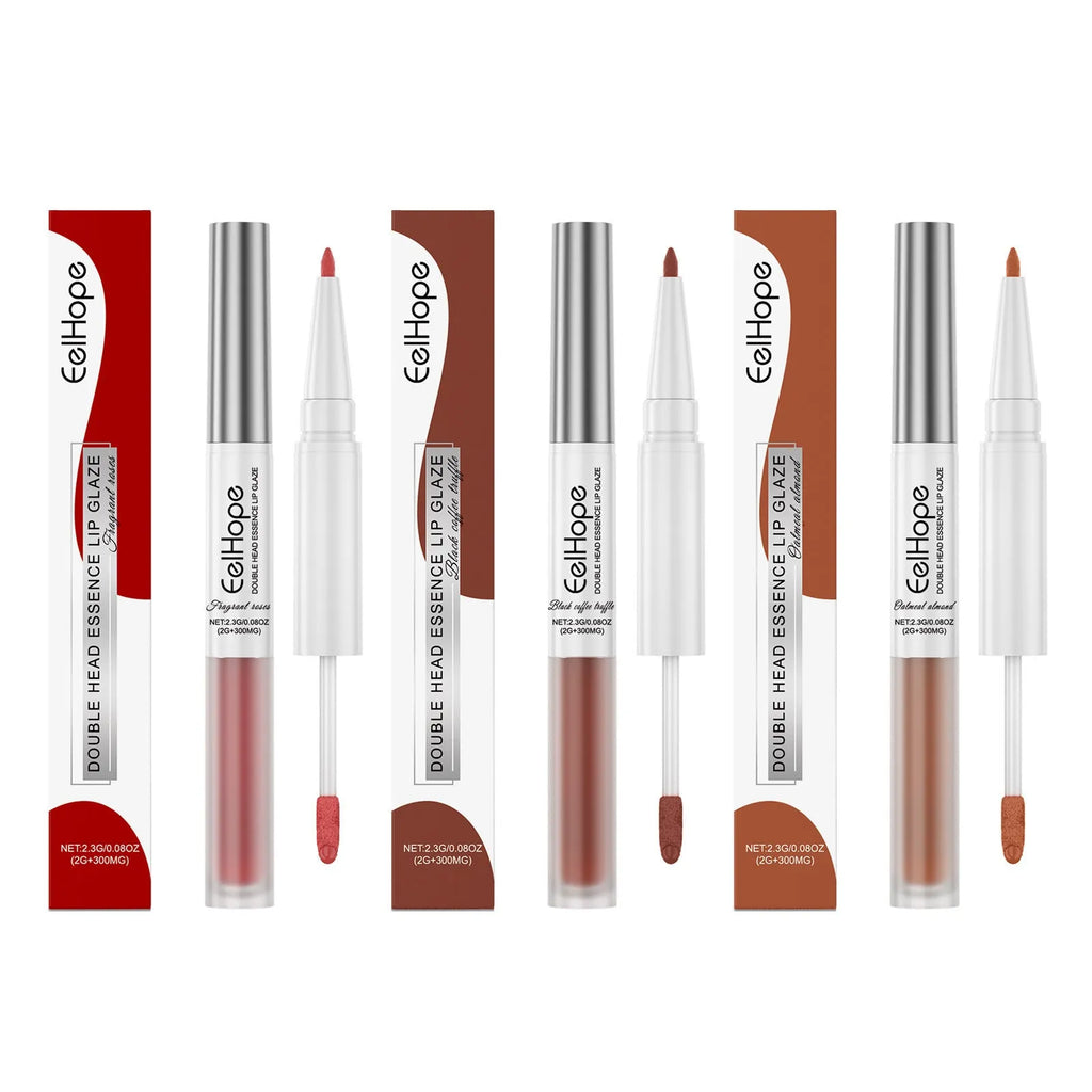Double-headed lip liner and lip lacquer pen with brush applicator in three colour options