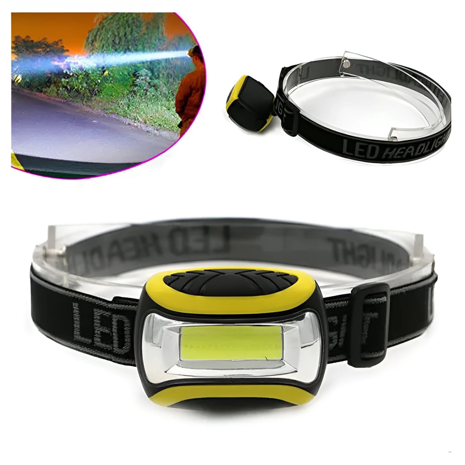 Yellow Major brand rechargeable LED headlamp with three speed settings.