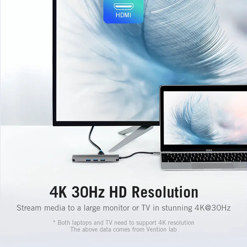 Deep gray USB-C to HDMI adapter hub with Ethernet, USB ports, and card readers on a short cable.