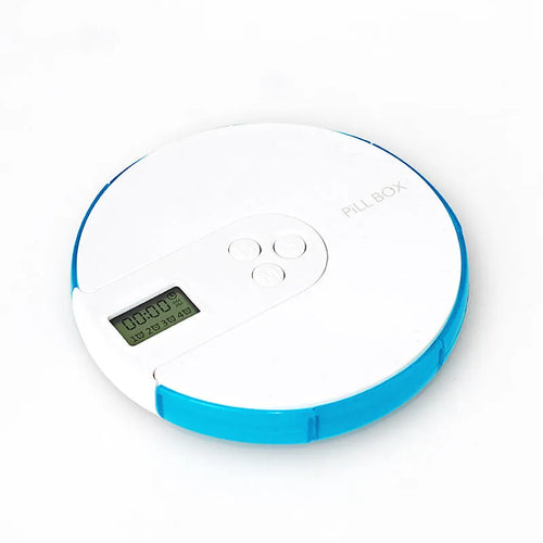 7-compartment alarm clock pill dispenser showing colourful options and compact 11 cm design