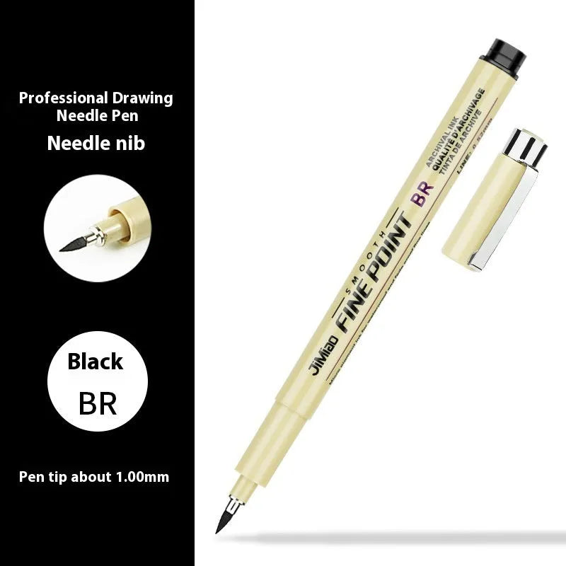 Black waterproof needle pen with syringe cartoon illustration, 133mm plastic body.