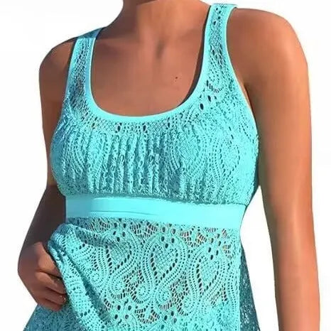 Women's nylon two-piece swimsuit set with a conservative split design and briefs style.