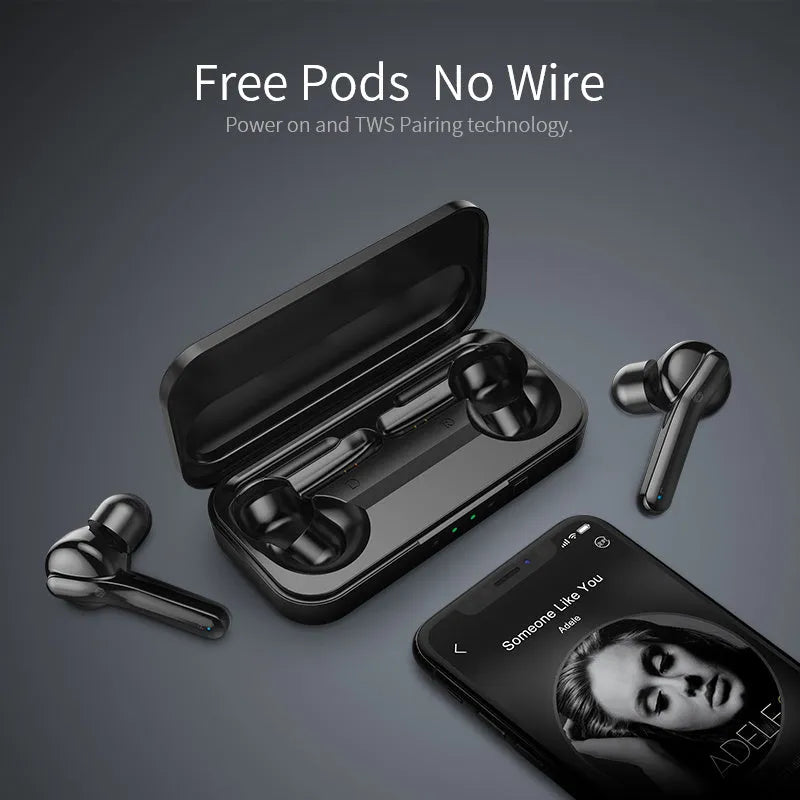 Black TWS wireless Bluetooth earbuds with IPX5 waterproof rating