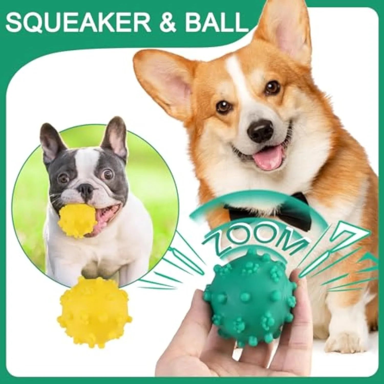 Four bright spiked squeaky dog balls in blue, green, pink, and yellow for small breed puppies.
