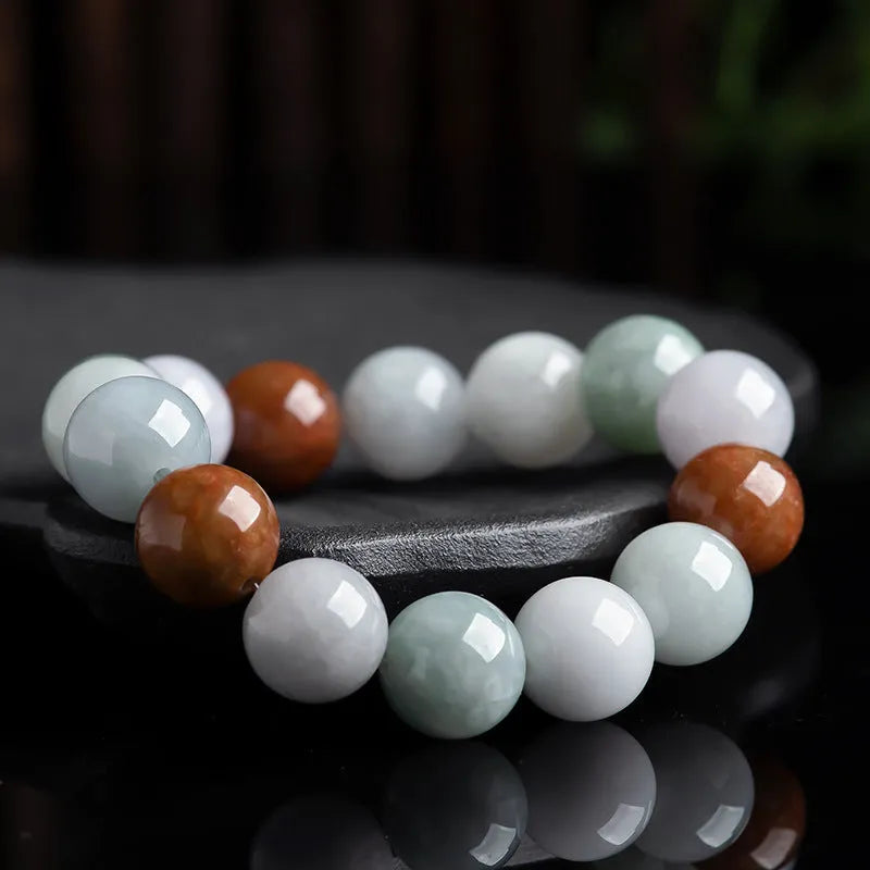 Women's jade bracelet with green, lavender and white beads showing certificate