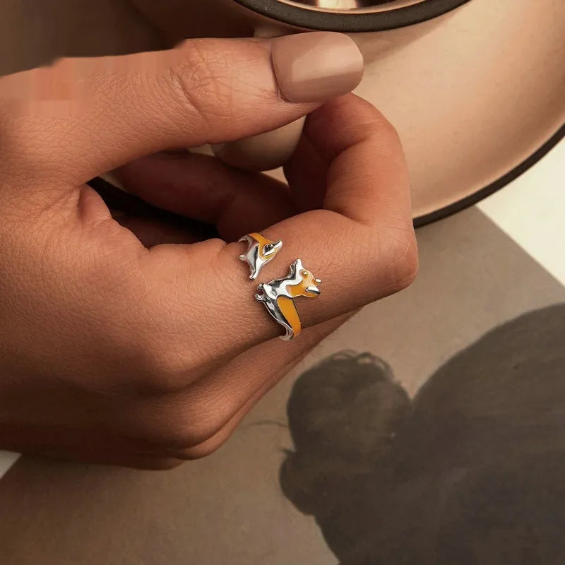 Silver electroplated fashion ring featuring cartoon corgi dog design with SCR1014-E colour finish