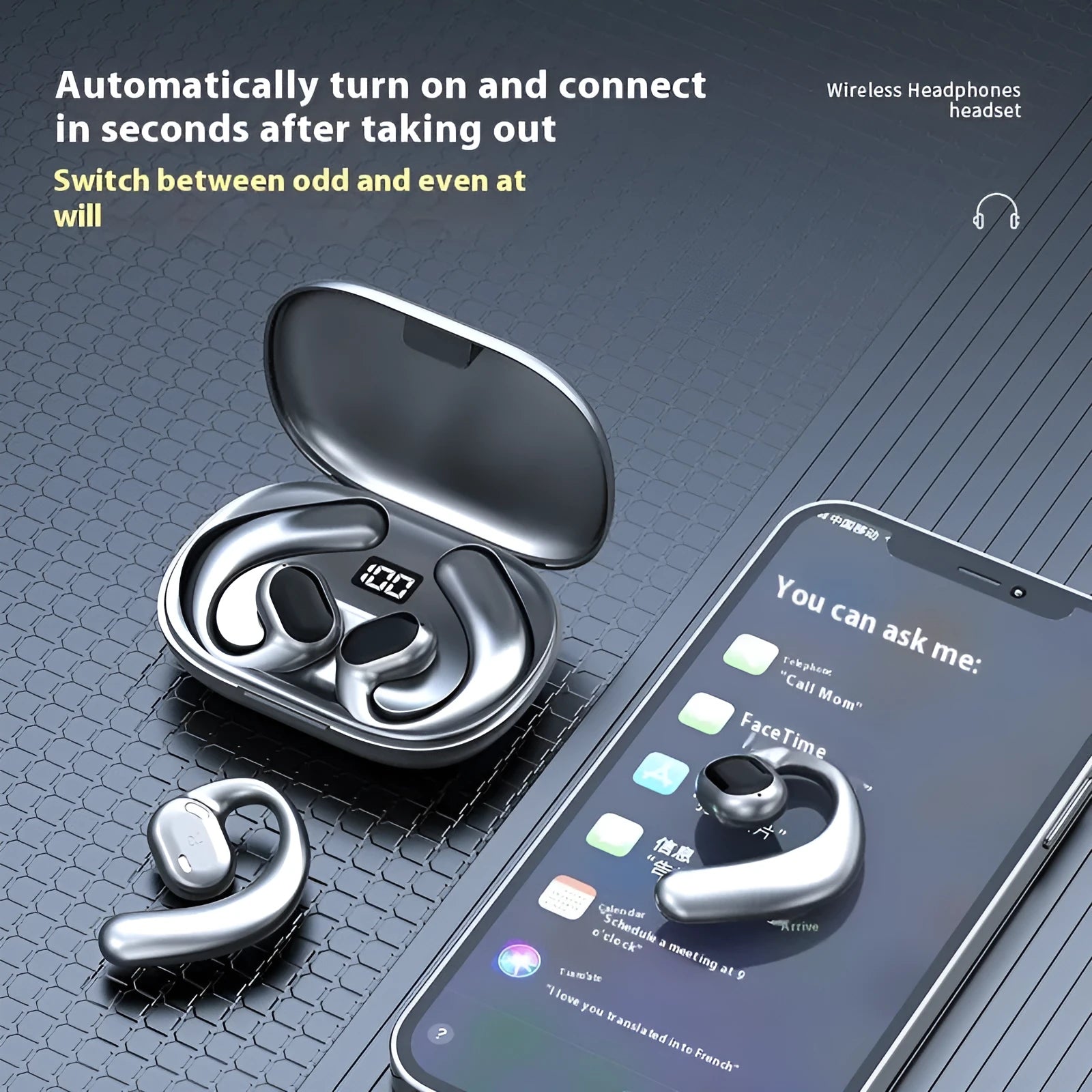 Black and white ear-mounted Bluetooth headset with digital display screen on ear