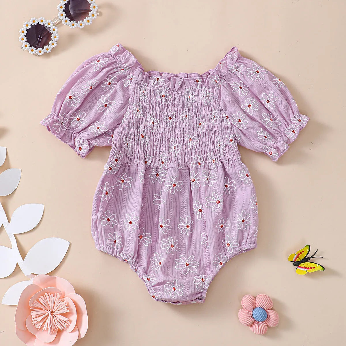 Little Sun Print Puff Sleeve Romper for baby girls in cotton suspender style, available in pink, green, light purple, sizes 70-100cm