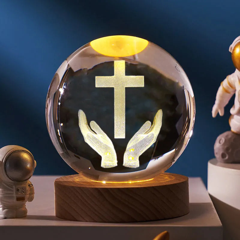6cm white crystal religious ornament on wooden base with warm lighting