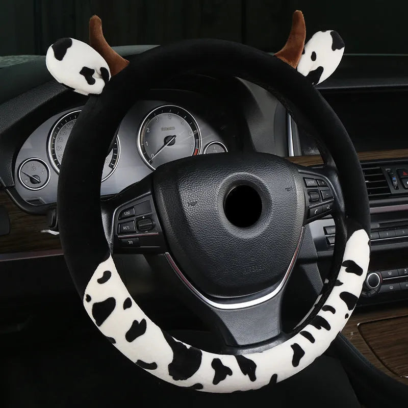 Short plush automotive steering wheel cover in black colour with 38cm diameter