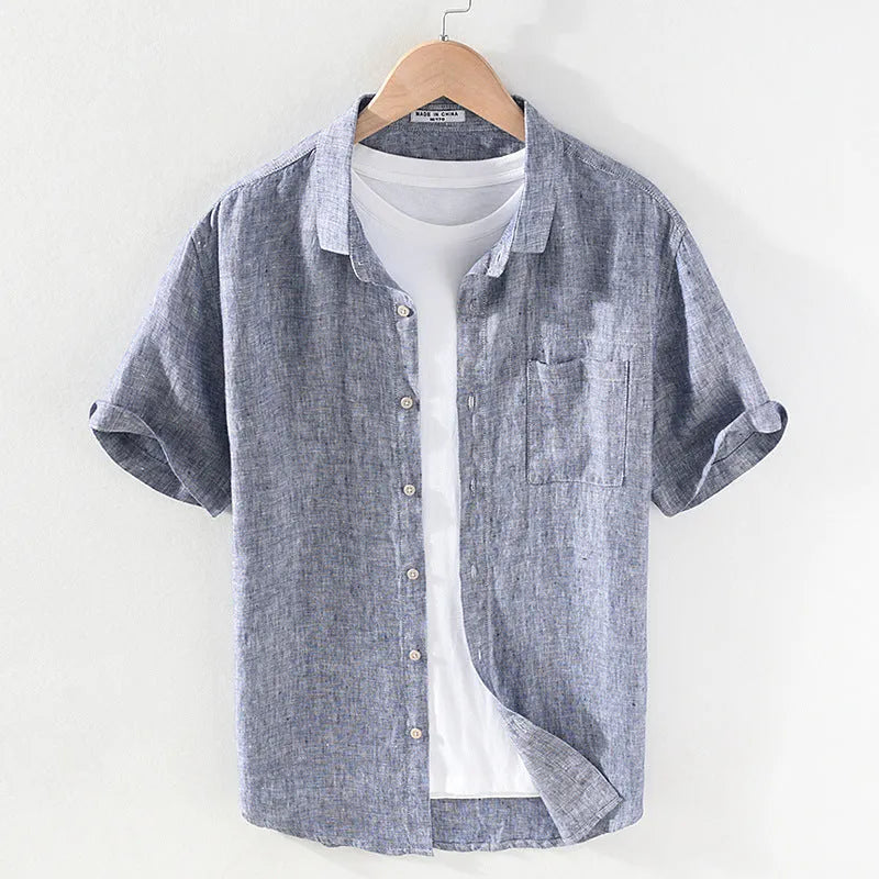Men's square collar short sleeve linen shirt in cardigan style, shown in raw jute colour.