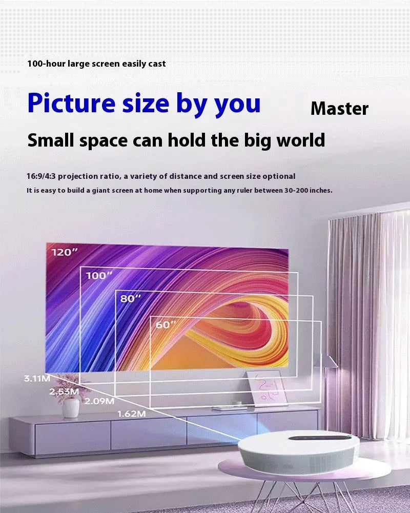 White HD 720p home theatre projector with remote control on a wooden table.