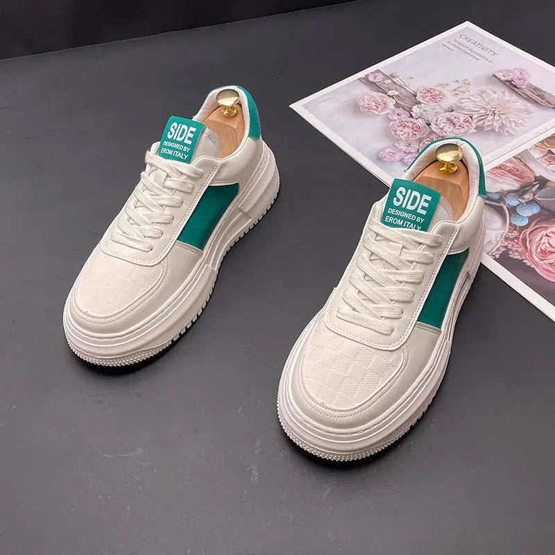Unisex white sports casual shoes with cloth upper, rubber foam sole, and green or black accent details.
