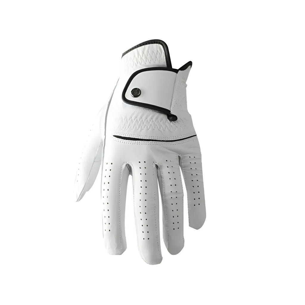 A single white men's golf glove made from breathable half sheepskin leather.