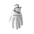 A single white men's golf glove made from breathable half sheepskin leather.